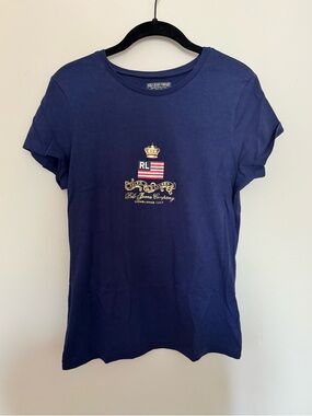 Polo Ralph Lauren Jeans Co. Vintage 90s Navy Gold Flag Crown Logo Baby T Shirt L